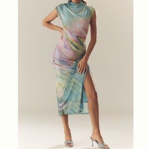NEW Anthropologie Maya Ruched Cowl-Neck Dress Mesh Rainbow Watercolor Large